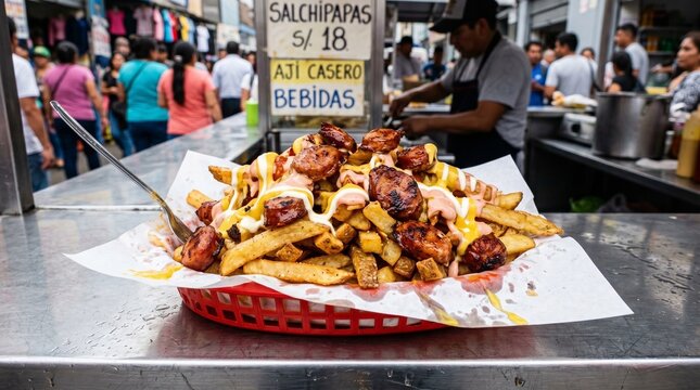 Peruvian Street Food Salchipapas with Fries and Sausage