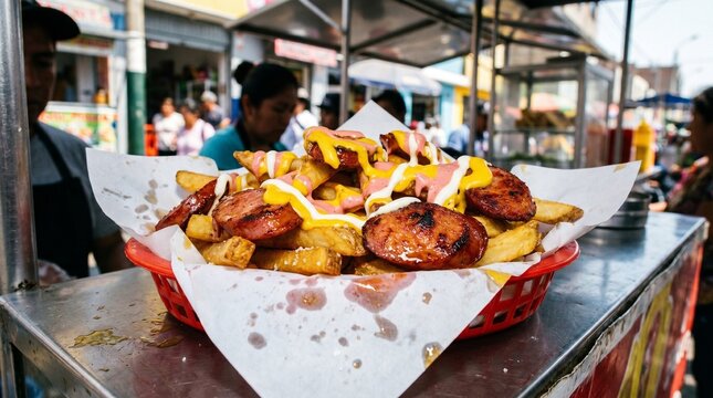 Peruvian Street Food Salchipapas with Fries and Sausage