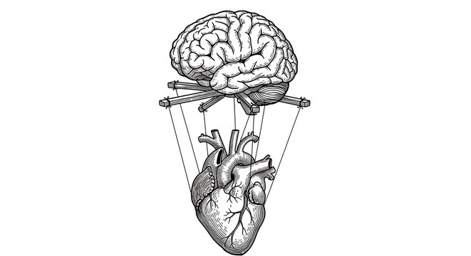 Conceptual illustration in grayscale depicting the brain's profound influence and control, symbolically acting as a puppet master over the human heart and emotions