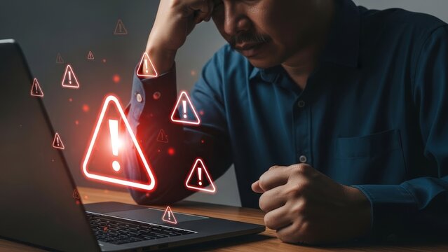 Man looks concerned at his laptop screen filled with warning triangles, indicating a critical system error or security threat.