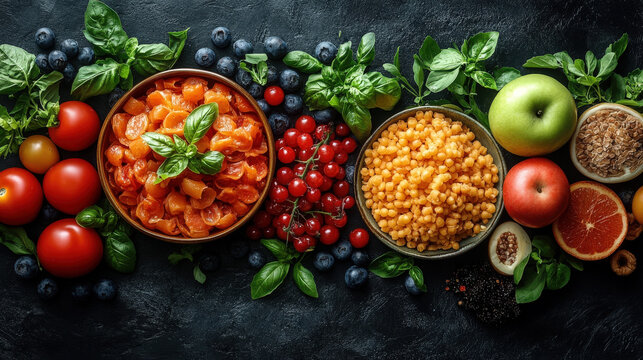 Fresh ingredients on a dark surface show vegetables, fruits, and grains arranged in bowls and around them for preparation of a healthy meal