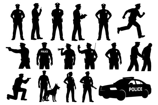Silhouetted police officers and dog in various action poses.