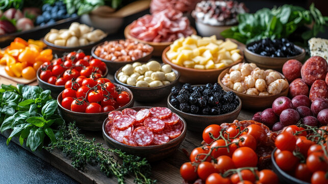Food spread with various ingredients on a wooden table in a kitchen setting during daytime
