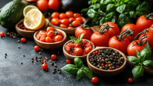 Fresh tomatoes, herbs, and vegetables on a dark stone surface in a kitchen setting preparing for cooking