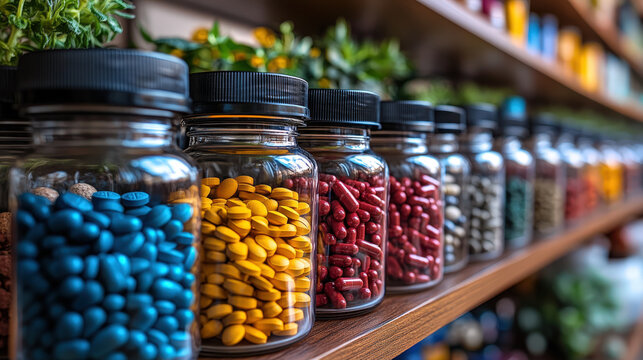 Containers hold colorful pills and supplements on a wooden shelf in a health store near a busy market street during morning hours