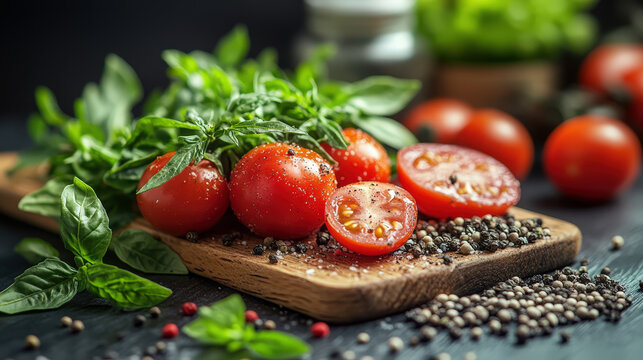 Fresh tomatoes and basil on wooden cutting board with spices in kitchen setting during daylight