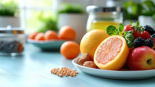 Fresh fruits and nuts are arranged on a plate in a bright kitchen with plants on the counter and jars in the background during daytime