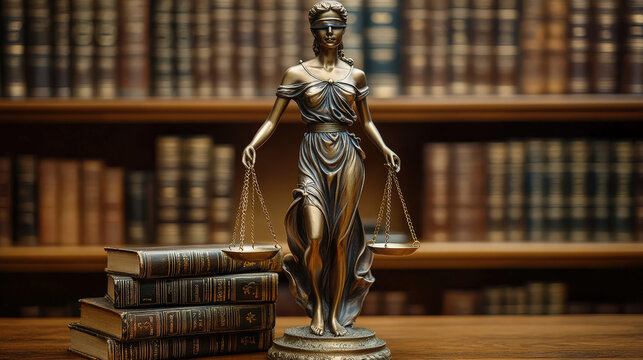Statue of Lady Justice standing beside law books in a library setting during daylight