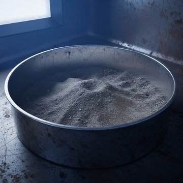 Glowing grey ash pile inside a rustic metal bowl on a dark table