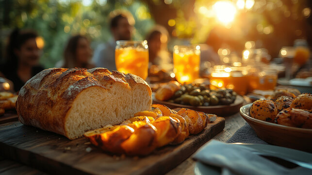 Gathering with fresh bread and drinks in warm evening light at an outdoor table in a social setting