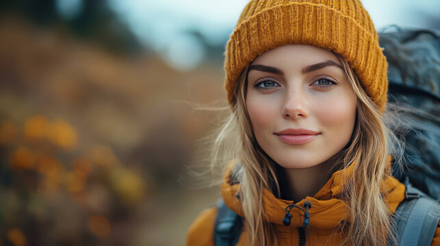 Young woman smiling while hiking in the mountains during autumn with a backpack and orange hat