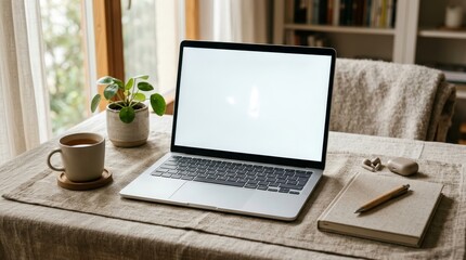 Fototapeta premium Minimalist laptop mockup on a fabric desk setup with plant