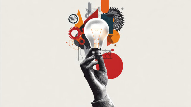 Trendy Halftone Collage Woman Hand holds Light bulb. Idea innovation and inspiration concept. Automation of business processes. Lamp with gear. Vertical poster. Contemporary vector art illustration