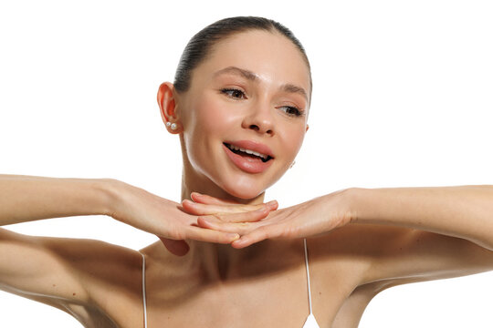 Beauty face woman cosmetics on white background