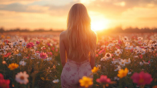 Woman stands in a flower field during sunset watching the sun go down behind the horizon while surrounded by colorful flowers