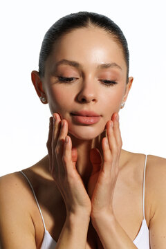 Beauty face woman cosmetics on white background