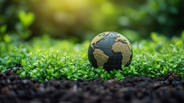 Earth globe on green grass with sunlight in background during daytime showing connection to nature and environment