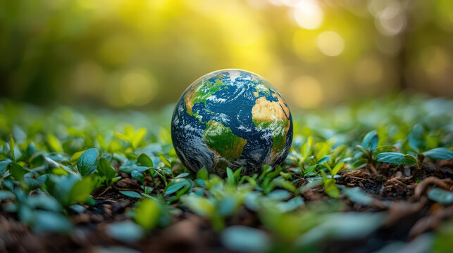 Growing plants surround a globe in a field during daylight with sunlight shining down on the greenery