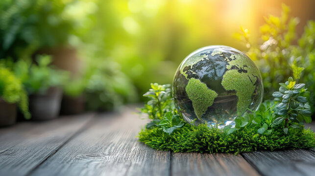 Focus on a glass globe showing the world surrounded by green plants in a garden setting during daylight