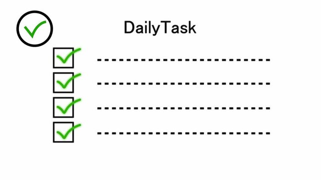 Animated task completed animation. Check mark icon with box an dash line.