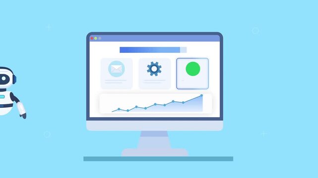 Animated video showing a friendly robot assistant beside a computer dashboard with analytics, settings, and progress indicators, representing AI automation, workflow management, and digital business m