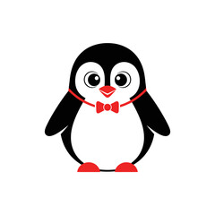 Obraz premium Cute cartoon penguin with a red bow tie standing upright.