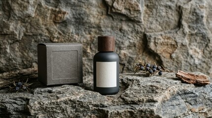 Naklejka premium Black perfume bottle with wooden cap on rock display