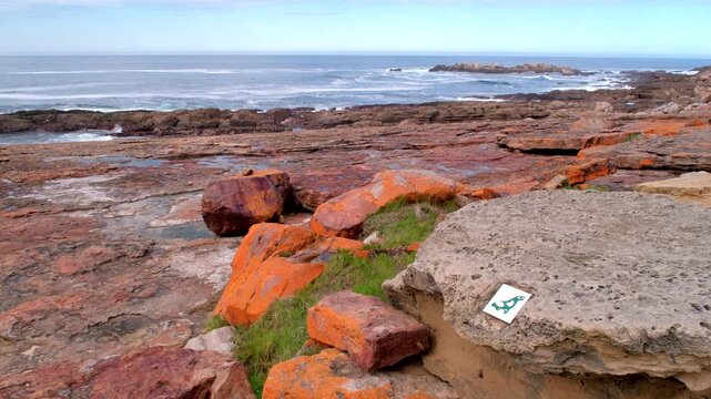 Robberg Nature Reserve hiking trail markers along rugged coastline, Garden Route