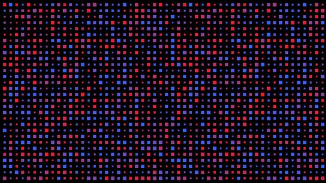 Abstract pulsating square pattern background, vibrant red and blue pixels, digital technology concept