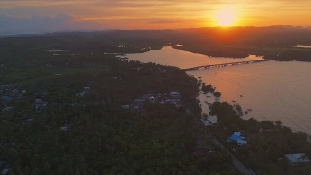 Cinematic golden hour drone flight over the lush palm tree canopy of General Luna, Siargao. Aerial view of the tropical island landscape and glowing sunset horizon in the Philippines