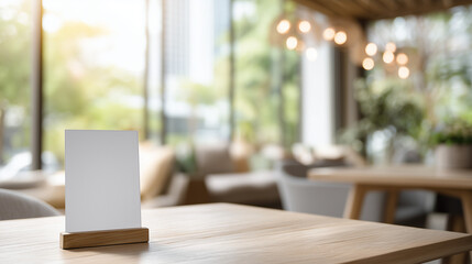 Fototapeta premium Blank menu card mockup on wooden table in modern cafe, soft bokeh background, clean space for branding, restaurant marketing and design presentation.