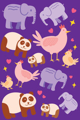 Naklejka premium cute_mothers_day_elephant_panda_chicken_babies.eps