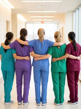 Diverse group of female healthcare professionals standing together in a hospital hallway, arms around each other in a show of unity and support.
