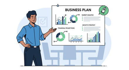 Man presents business plan with charts and graphs on a whiteboard © difka