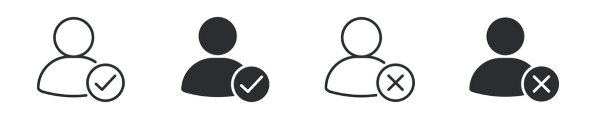 User Approval icon set. Account verification concept, person profile with checkmark and cross icons, accepted and rejected user status, vector illustration © Icon Atelier
