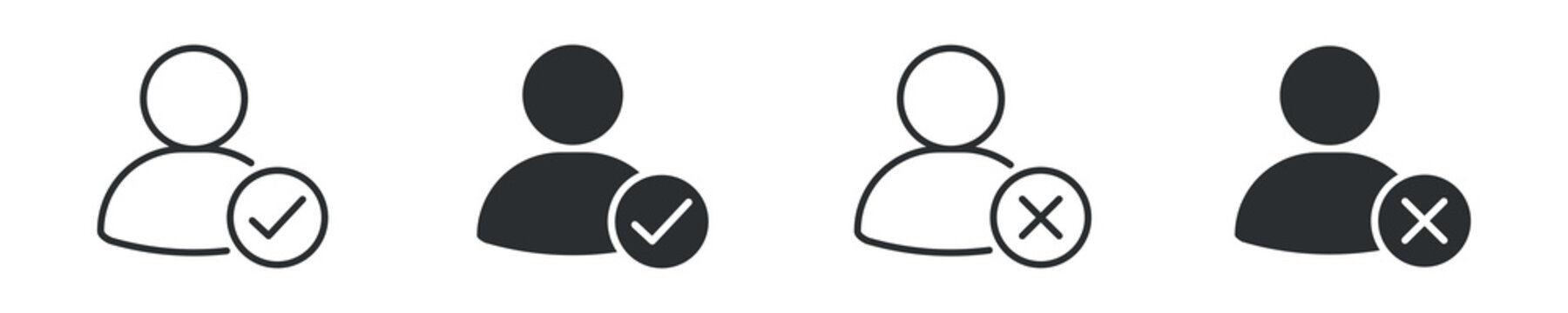 User Approval icon set. Account verification concept, person profile with checkmark and cross icons, accepted and rejected user status, vector illustration