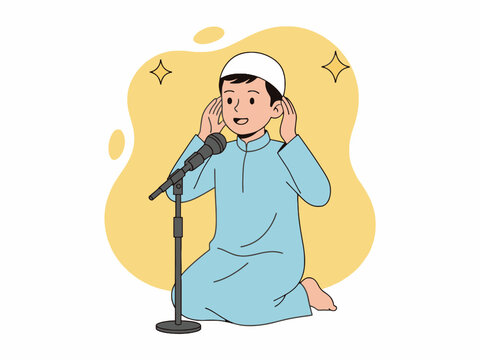 Little Muadhin Boy Reciting Adhan Call to Prayer with Microphone
