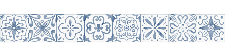 Tile seamless watercolor border with blue ceramic ornamental motifs. Decorative horizontal pattern for interior design, wall decor, textile, packaging and surface graphics. Illustration for frames. © Alisles