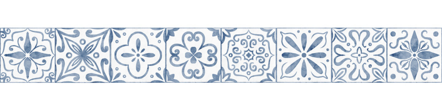 Tile seamless watercolor border with blue ceramic ornamental motifs. Decorative horizontal pattern for interior design, wall decor, textile, packaging and surface graphics. Illustration for frames.
