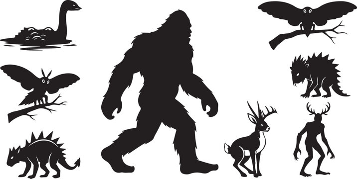 Mythical creatures and animals in silhouette form together