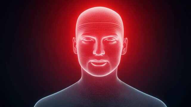 Digital human head model with glowing wireframe structure transitions from blue to red illumination against a dark background, showcasing a futuristic design aesthetic