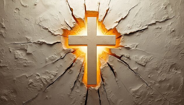 A glowing white cross breaking through a cracked stone wall with bright orange light shining from behind