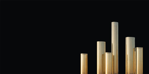 A green energy saving light bulb stands next to a 3d business growth bar chart and a glass chemistry test tube filled with red liquid for scientific research © JAHURA