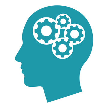 Teal human head profile with white gear cogs inside brain  thinking concept icon