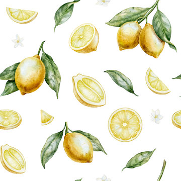 Seamless watercolor pattern with lemons, slices, leaves and blossoms. Citrus fruit background for textile, packaging, kitchen design, wallpaper, wrapping paper and summer branding.