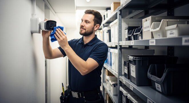 Experienced Security Technician Cleaning and Inspecting a Surveillance