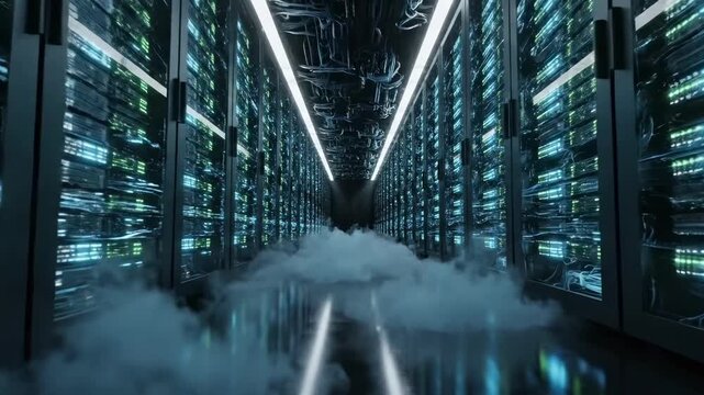A futuristic data center hallway with rows of servers and glowing lights emitting fog