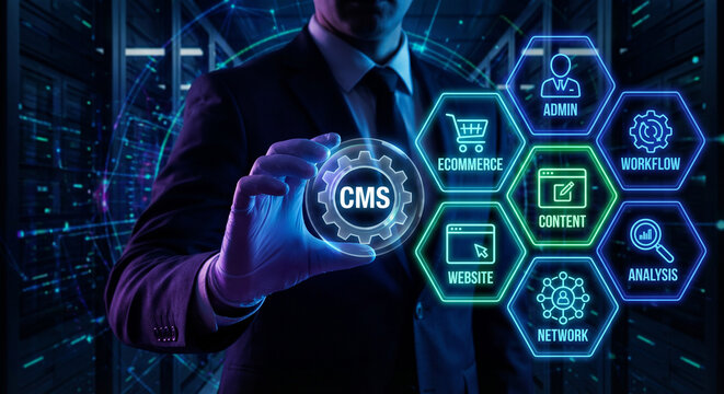 Businessman interacting with CMS technology concept isolated on transparent background