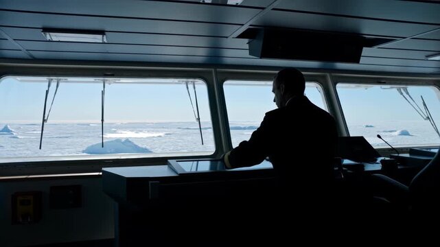 Man steering ship through icy polar waters. Captain at navigation bridge with helm controls. Silhouetted figure amid frozen ocean and icebergs. Maritime exploration and adventure in cold seas
