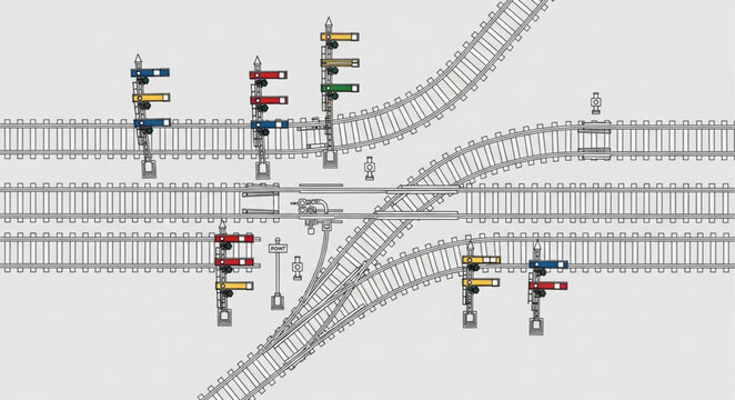 Detailed schematic of a complex railway switchyard with multiple tracks and signals.